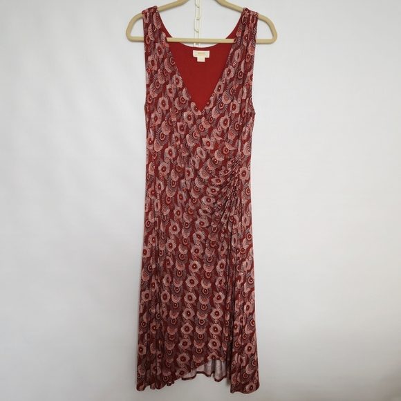 Fall Wrap Midi Festive Dresses & Skirts - MAEVE (Anthropologie) Yvette Ruched Dress Women Geometric Design Rust Sz Large